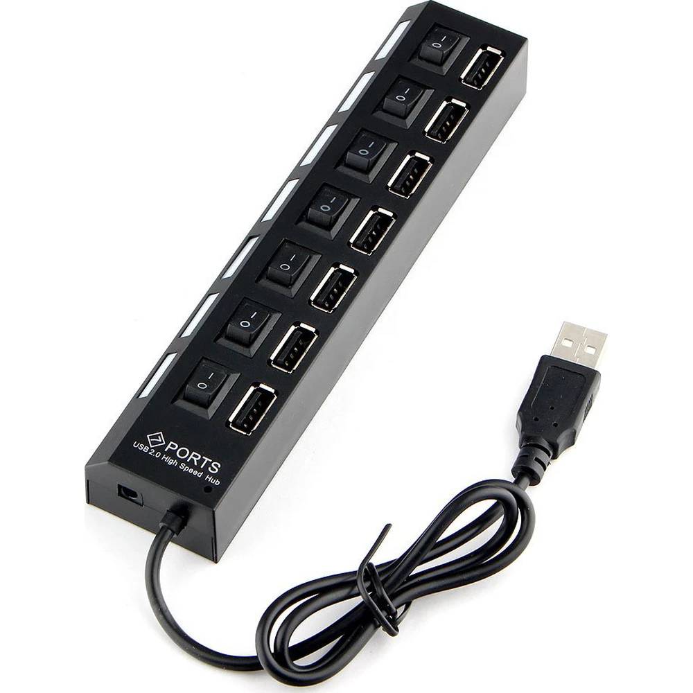 картинка HUB 7-port Gembird UHB-U2P7-01 7хUSB, с доп. питанием, подсветка и выключатели, кабель USB 55см, черный, коробка от магазина КомпьютерЦентр