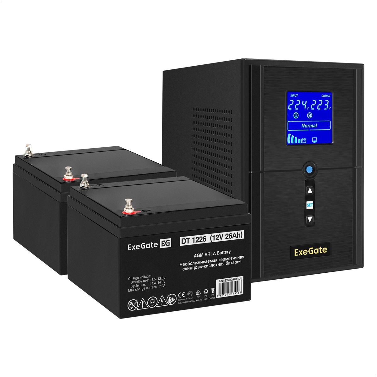 картинка Комплект (EX296789RUS) ИБП EX295987RUS + батарея 26Aч EX282970RUS 2шт (инвертор, синус, для котла) ExeGate SineTower SZ-1000.LCD.AVR.2SH.1C13.USB (1000VA/ 800W, чистая синусоида, LCD от магазина КомпьютерЦентр