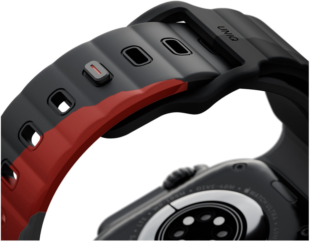 картинка Ремень каучуковый Uniq STRIDE DE RUBBER для Apple Watch 49/ 45/ 44/ 42, цвет серо-красный (CHARCOAL/ ROSSO RED) (49MM-STRDECHRRD) от магазина КомпьютерЦентр