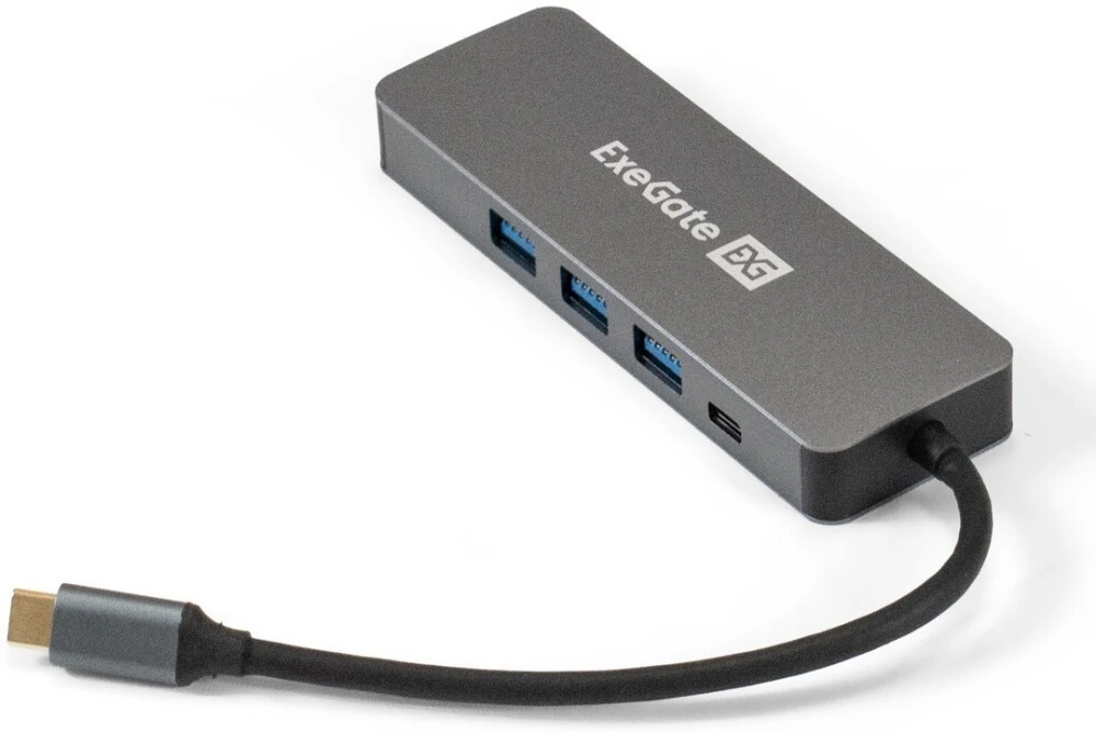 картинка HUB 4-port ExeGate (EX293984RUS) DUB-31C/ PD/ H кабель-адаптер USB Type-C --> 3xUSB3.0 +PD 60W +HDMI, Plug&Play, Grey от магазина КомпьютерЦентр