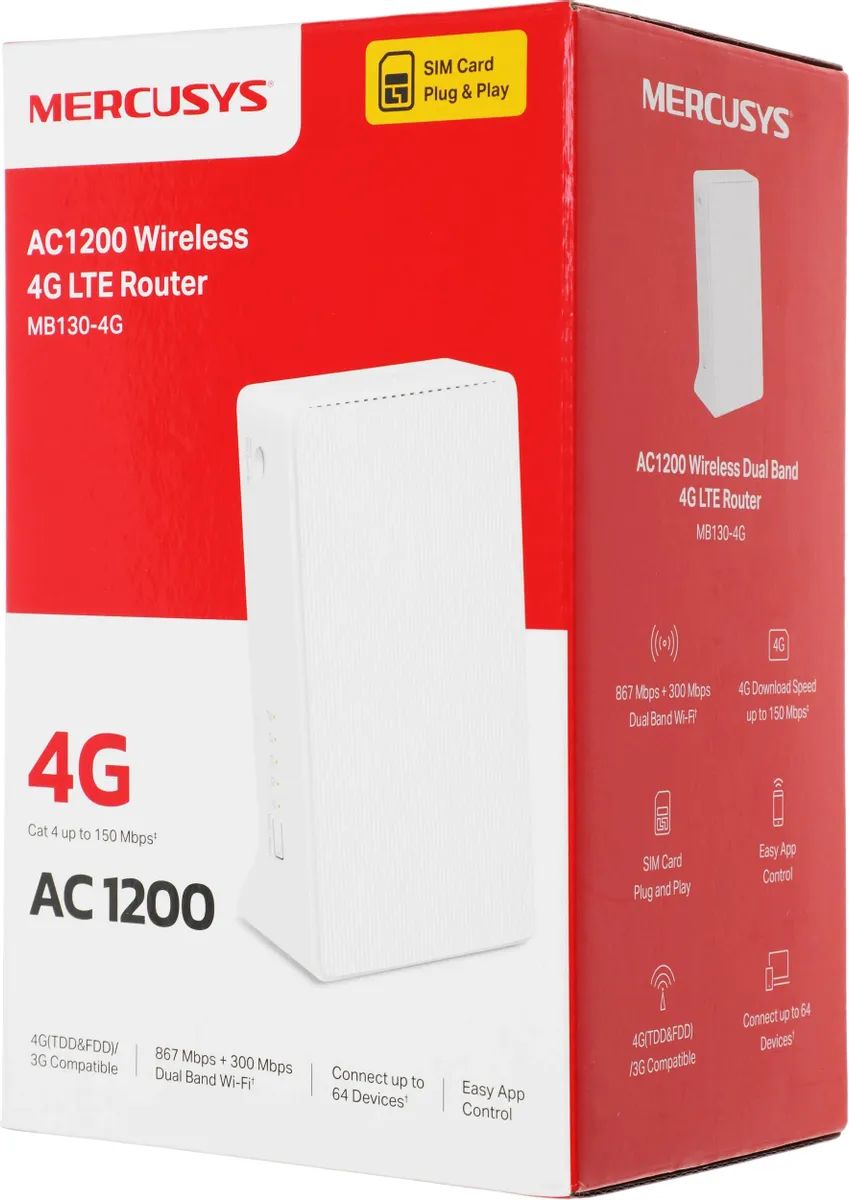 картинка Маршрутизатор Mercusys MB130-4G AC1200 10/ 100BASE-TX/ 3G/ 4G cat. 4 белый от магазина КомпьютерЦентр