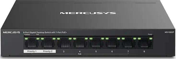 картинка Switch 8-port Mercusys MS108GP (L2) 8x1Гбит/ с 7PoE+ 65W неуправляемый от магазина КомпьютерЦентр