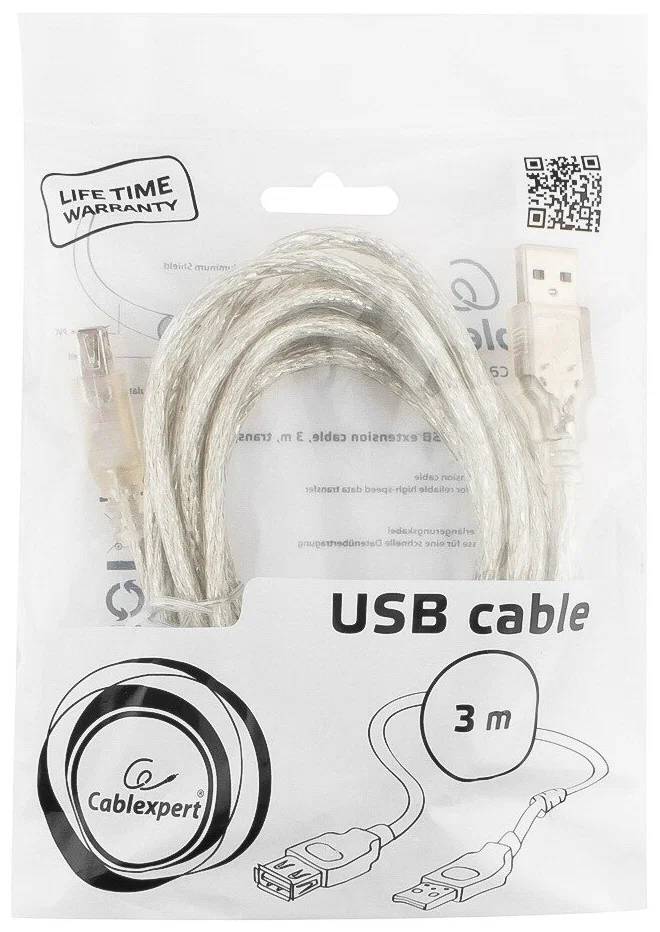 картинка Кабель USB 2.0 A->F 3m CCF-USB2-AMAF-TR-10, Pro Gembird/ Cablexpert, экран, феррит.кольцо, прозрачный от магазина КомпьютерЦентр