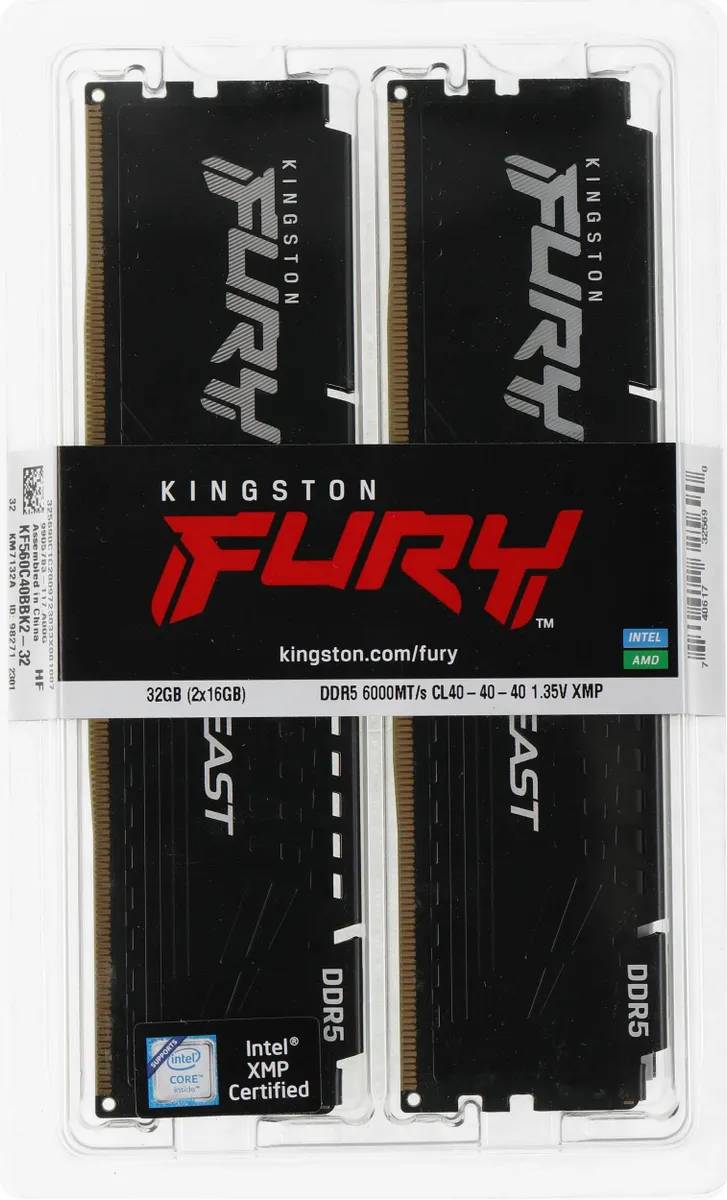 картинка DIMM DDR5 32Gb (2x16Gb) 6000MHz PC5-48000 Kingston Fury Beast Black Ret (KF560C40BBK2-32) от магазина КомпьютерЦентр