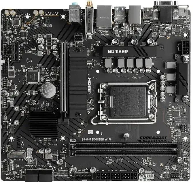 картинка Материнская плата MSI B760M BOMBER WIFI Soc-1700 Intel B760 mATX 2xDDR5 PCI-Ex16 DP/ HDMI/ DSub SATA3 2xM2 USB3.2 Gen1 от магазина КомпьютерЦентр