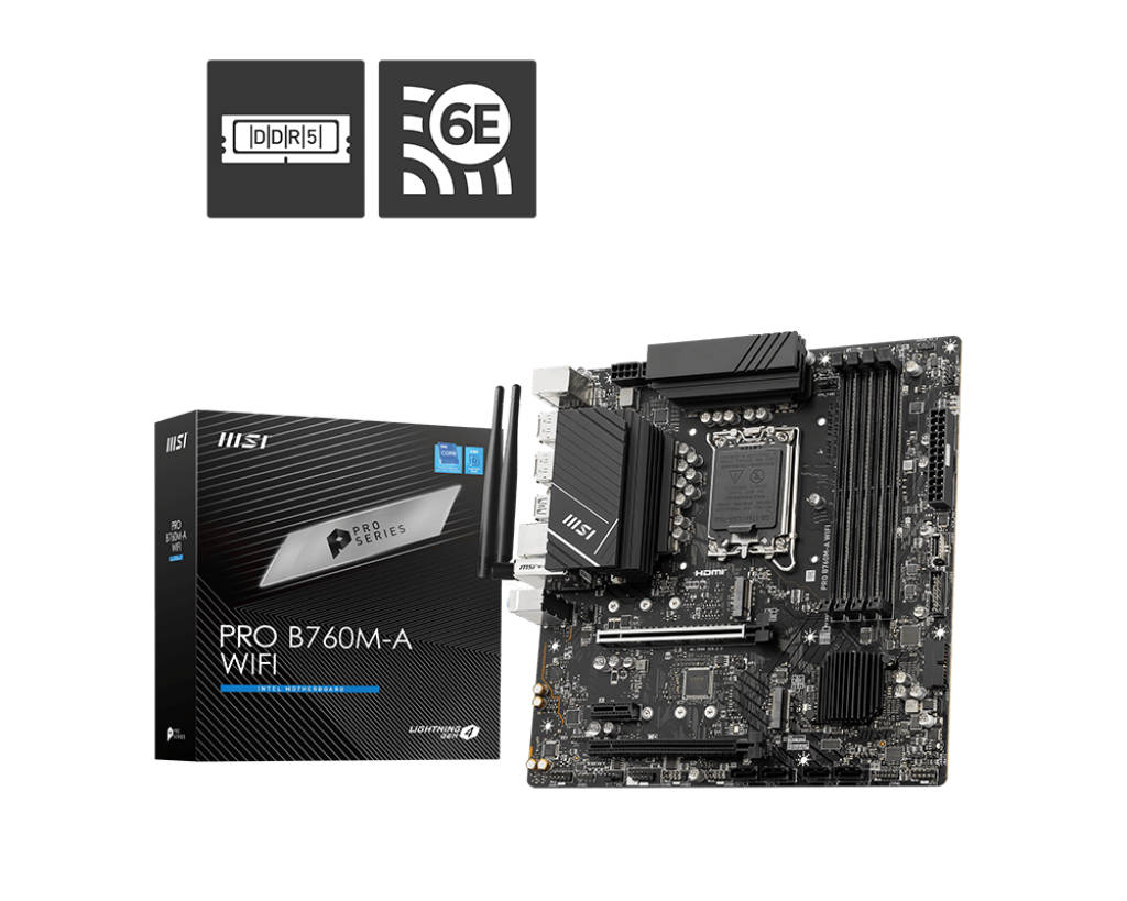 картинка Материнская плата MSI LGA1700 B760 PRO B760M-A WIFI 4xDDR5 mATX от магазина КомпьютерЦентр