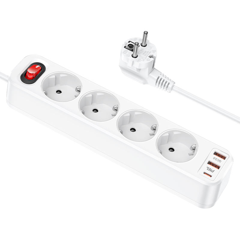 картинка Сетевой фильтр Hoco NS1 Aura 4-bit extension cable socket (including 1C2A PD20W fast charge EU) White от магазина КомпьютерЦентр