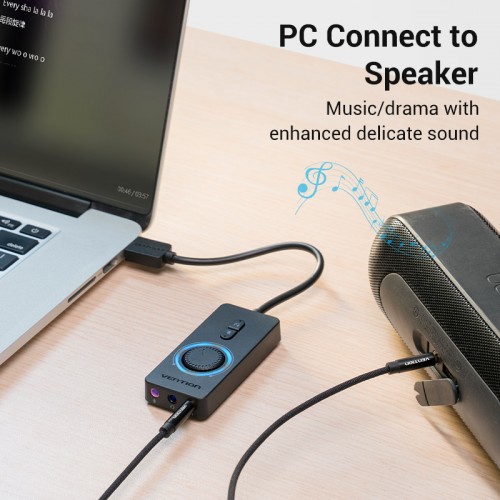 картинка Звуковая карта Vention USB c регулятором громкости Внешняя Черная (CDRBB) от магазина КомпьютерЦентр