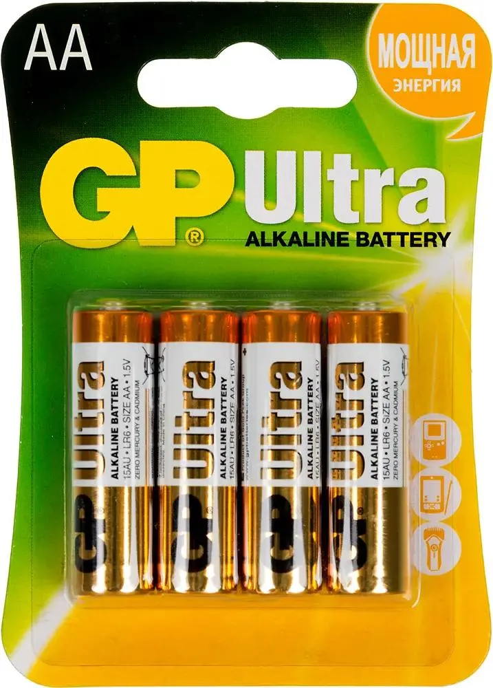 картинка Батарейки GP Ultra Alkaline 15AU LR6 AA (4шт) (GP15AU-2CR4 ULTRA) от магазина КомпьютерЦентр