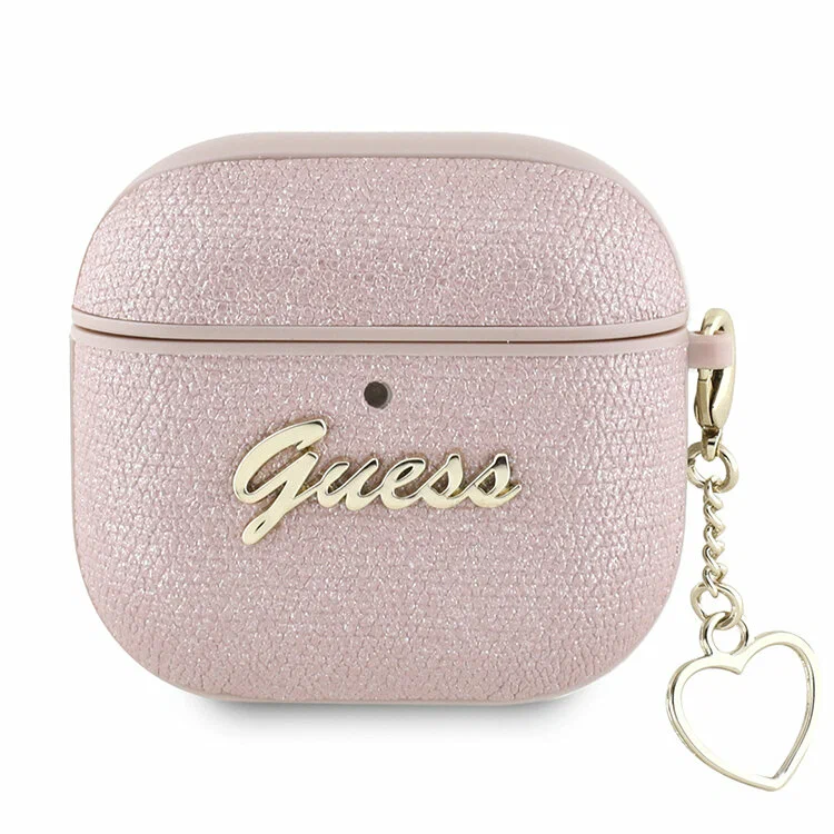 картинка Чехол Guess для Airpods 4 PU leather with Script metal logo and Heart charm Pink от магазина КомпьютерЦентр