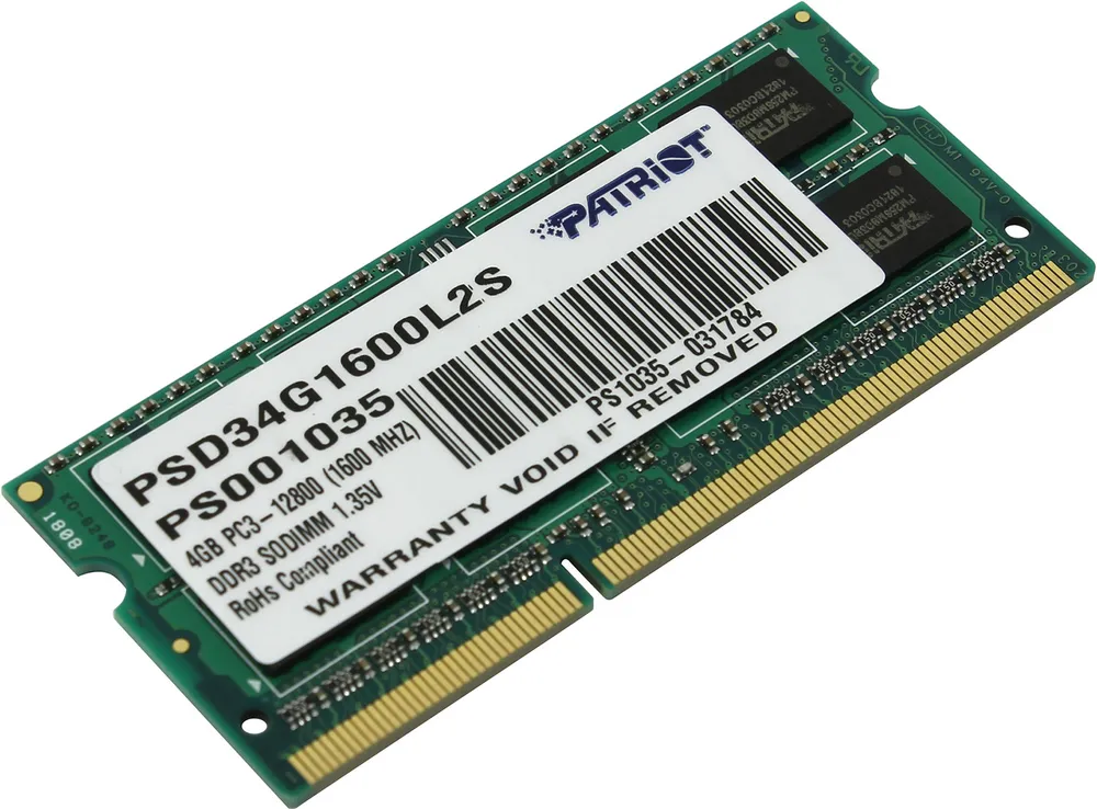 картинка SO-DIMM DDR3L 4Gb 1600MHz PC3-12800 Patriot (PSD34G1600L2S) от магазина КомпьютерЦентр