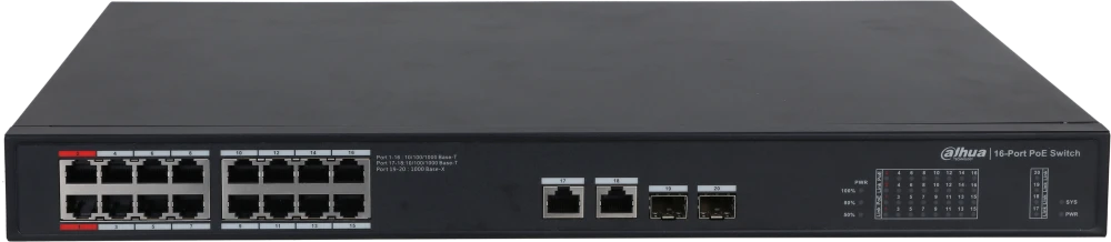 картинка Switch Dahua DH-PFS3220-16GT-240 18-port, неуправляемый, 1000/ 100 Мбит/ сек, SFPx2, PoE 240 Вт от магазина КомпьютерЦентр