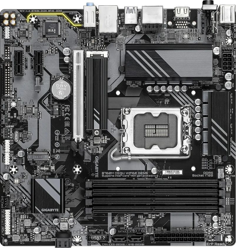 картинка Материнская плата Gigabyte B760M DS3H WF6E GEN5 Soc-1700 Intel B760 4xDDR5 mATX AC`97 8ch(7.1) 2.5Gg RAID+HDMI+DP от магазина КомпьютерЦентр