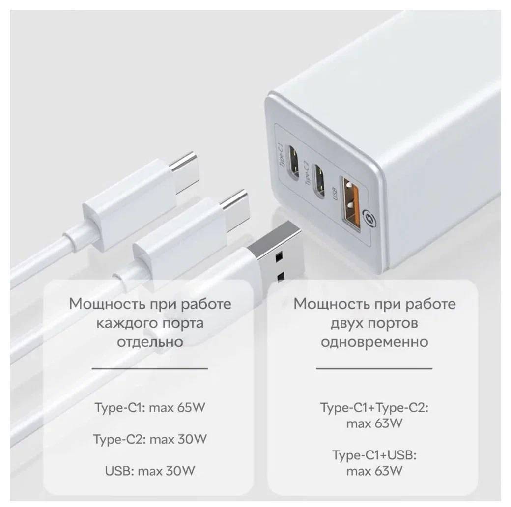 картинка СЗУ Baseus GaN5 Pro Fast Charger 2C+U 65W EU White (With Cable Type-C to Type-C 100W 1m Black) CCGP120202 от магазина КомпьютерЦентр