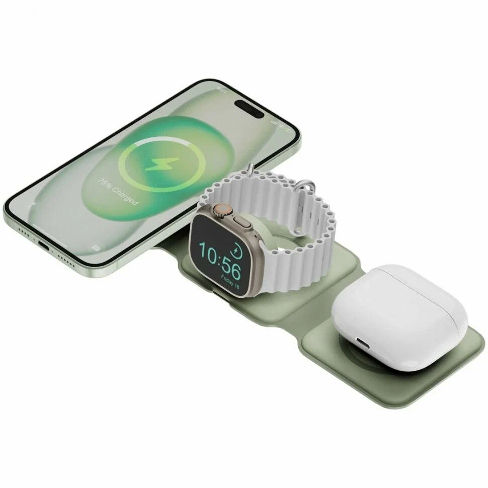 картинка Складывающаяся зарядка 3 в 1 bazic GoMag Trio Plus 15W, цвет зеленый (Green) от магазина КомпьютерЦентр