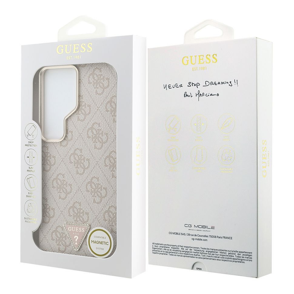 картинка Чехол Guess для Galaxy S26 Ultra PU 4G Triangle Diamond metal logo Gold camera Hard Pink (MagSafe) от магазина КомпьютерЦентр