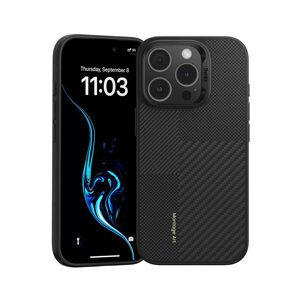 картинка Чехол Benks Montage ArmorPro Case built with Kevlar® для iPhone 16 Pro Max 6.9'', цвет черный кевлар (600D+1500D) от магазина КомпьютерЦентр