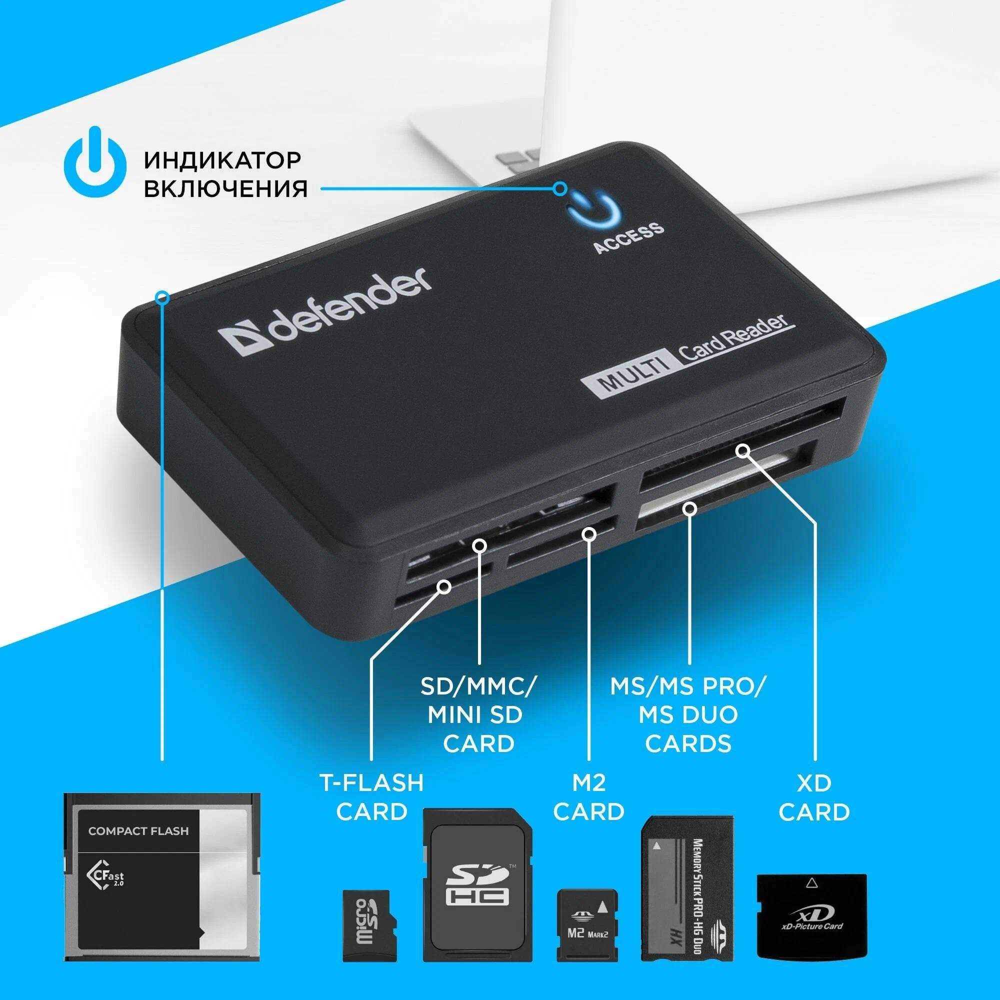 картинка CardReader внешний Defender OPTIMUS, до 4 типов карт одновременно + кабель USB 2.0 A(M) - MiniB (M) длина 1 м. (83501) от магазина КомпьютерЦентр