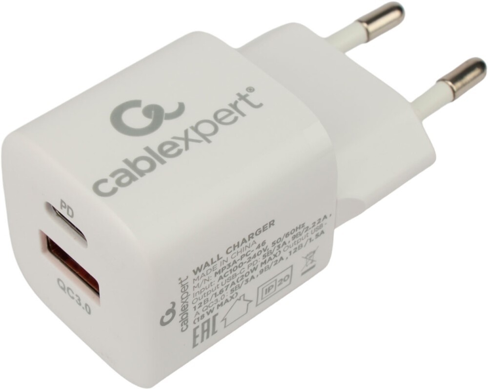 картинка Зарядное устройство Cablexpert 20Вт, 3А, QC3.0/ PD, 1xUSB, 1xType-C, белый, пакет (MP3A-PC-46) от магазина КомпьютерЦентр