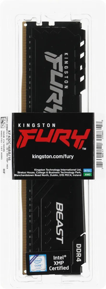 картинка DIMM DDR4 16Gb 3200MHz PC4-25600 Kingston Fury Beast Black CL20 1.35V (KF432C16BB/ 16 -SP) от магазина КомпьютерЦентр
