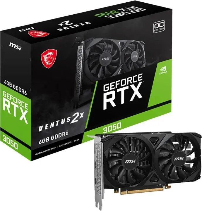 картинка Видеокарта 6Gb GDDR6 GeForce RTX 3050 MSI Ventus 2X E OC PCI-E 4.0 96 bit 1492/ 14000 HDMIx2/ DP (RTX 3050 VENTUS 2X E 6G OC) от магазина КомпьютерЦентр