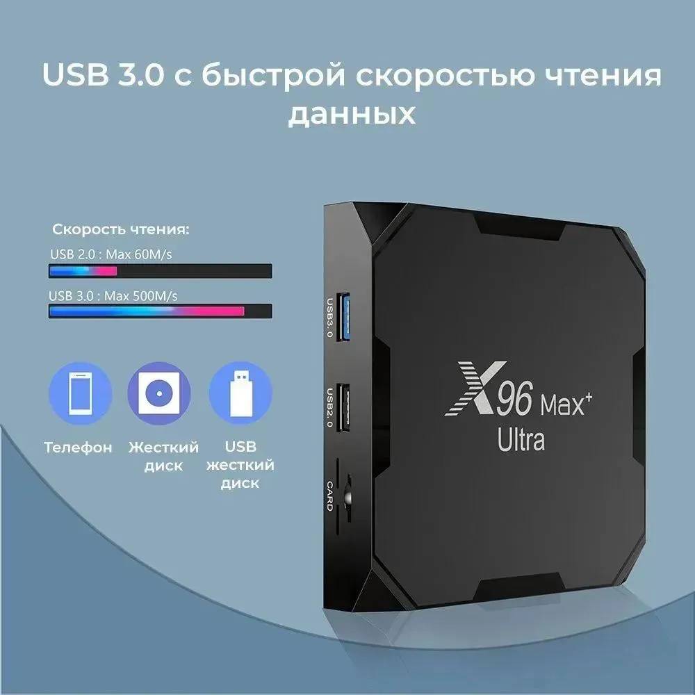картинка Медиаплеер X96 Max Ultra 4Gb/ 64Gb; WiFi 2.4 ГГц + 5 ГГц; LAN 100; Android 11 +Пульт c голосовым управлением и подсветкой G10s Pro Air Mouse от магазина КомпьютерЦентр