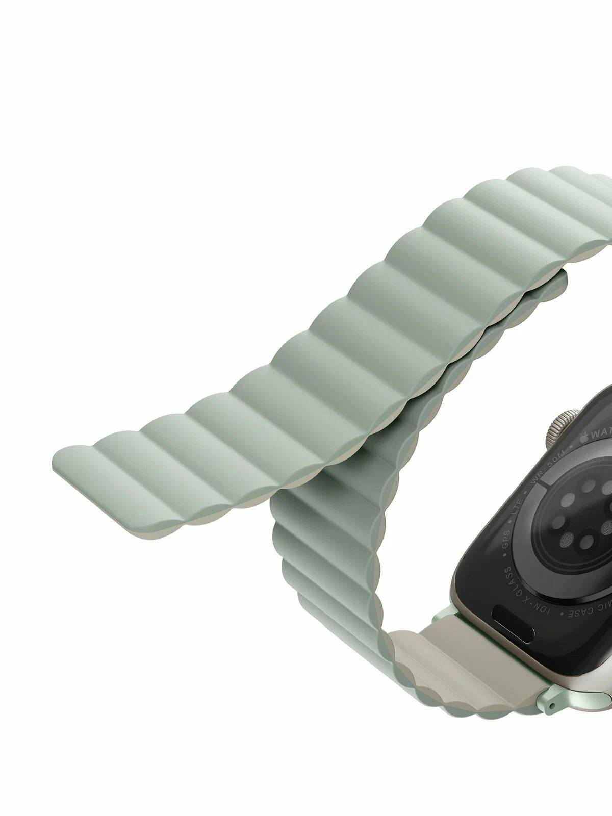картинка Ремень силиконовый Uniq REVIX для Apple Watch 49/ 45/ 44/ 42, цвет шалфей/ бежевый (SAGE/ BEIGE) от магазина КомпьютерЦентр