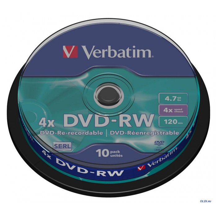 картинка Диски Verbatim DVD-RW 4,7Gb 4x 10pcs Cake Box от магазина КомпьютерЦентр
