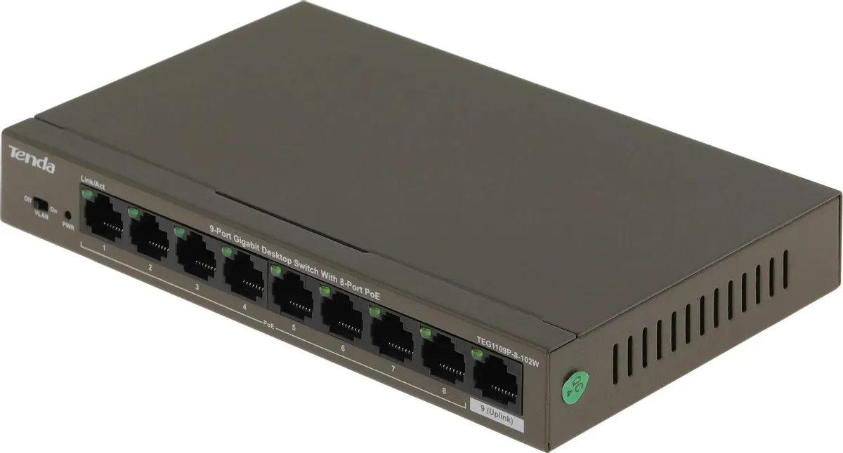 картинка Switch 9-port Tenda TEG1109P-8-102W 9PORT 10/ 100/ 1000M от магазина КомпьютерЦентр